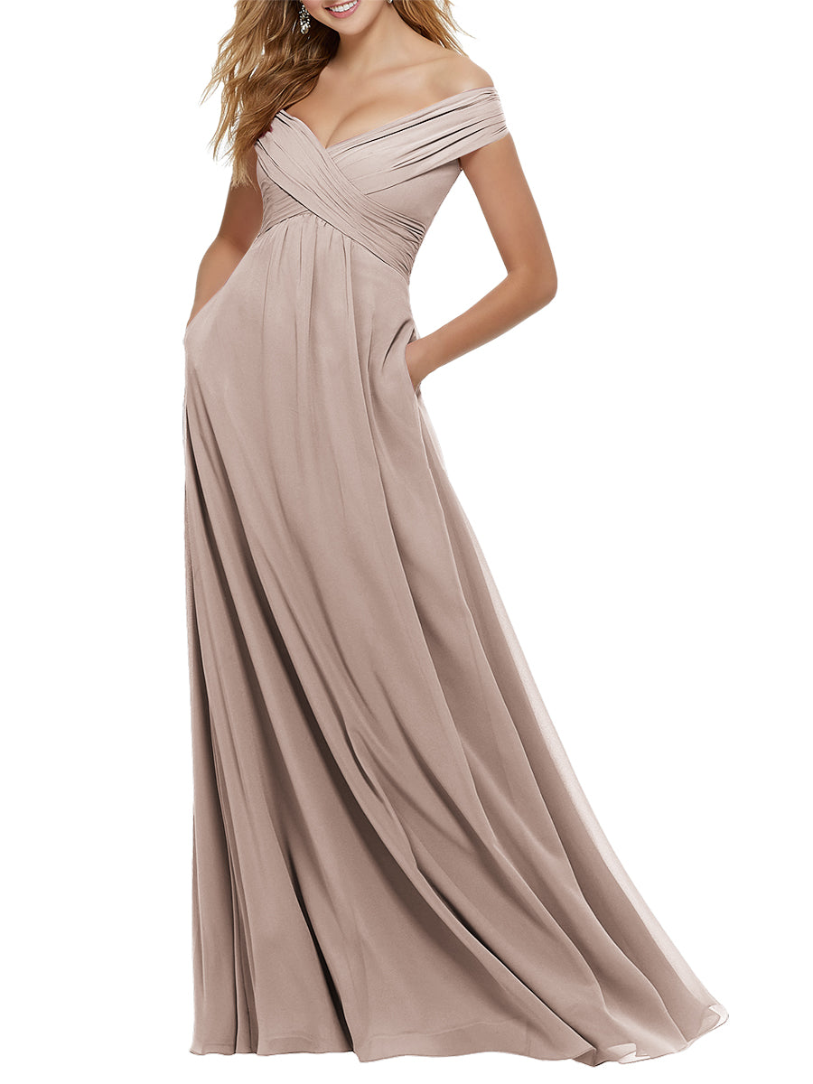 Chiffon Column Off the Shoulder Cap Sleeves Bridesmaid Dress-MB53650