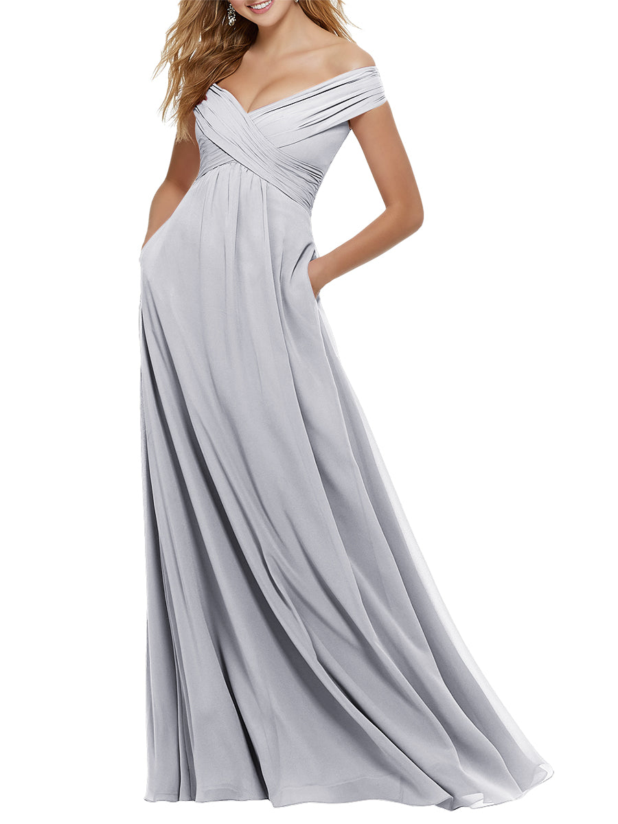 Chiffon Column Off the Shoulder Cap Sleeves Bridesmaid Dress-MB53650
