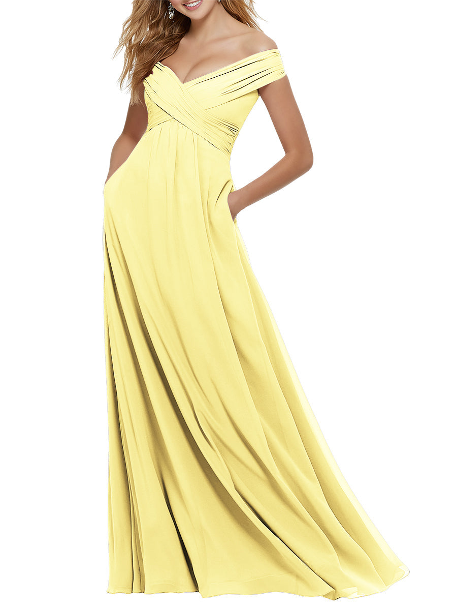 Chiffon Column Off the Shoulder Cap Sleeves Bridesmaid Dress-MB53650