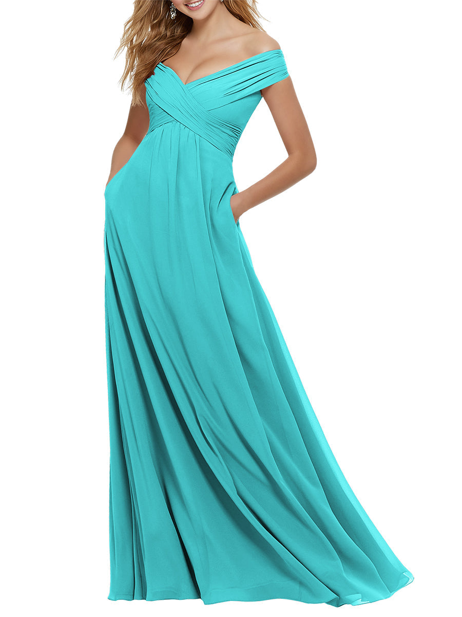 Chiffon Column Off the Shoulder Cap Sleeves Bridesmaid Dress-MB53650