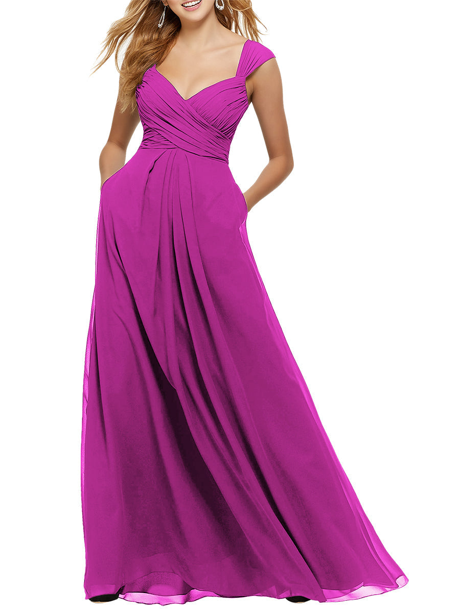 Chiffon Column V-Neck Sleeveless Bridesmaid Dress-MB53651