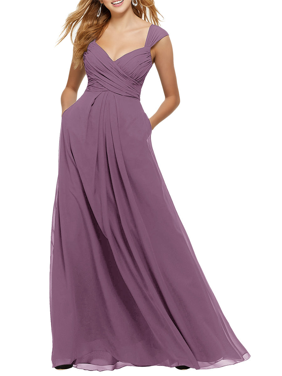 Chiffon Column V-Neck Sleeveless Bridesmaid Dress-MB53651